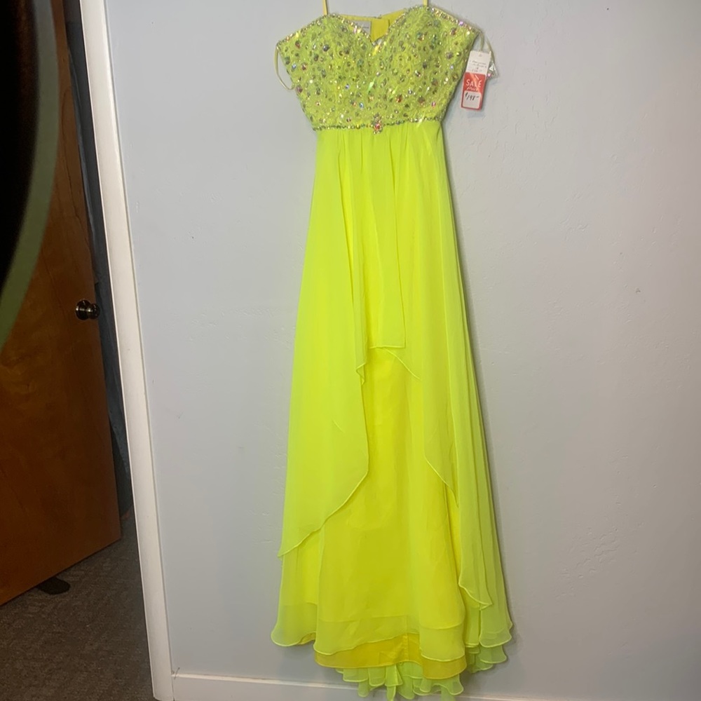 Awesome womens size 14 neon yellow, jeweled, open back with detachable straps!